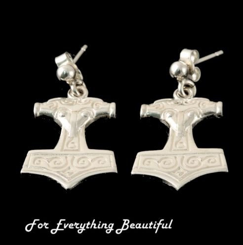 Image 0 of Thors Hammer Design Sterling Silver Drop Earrings 