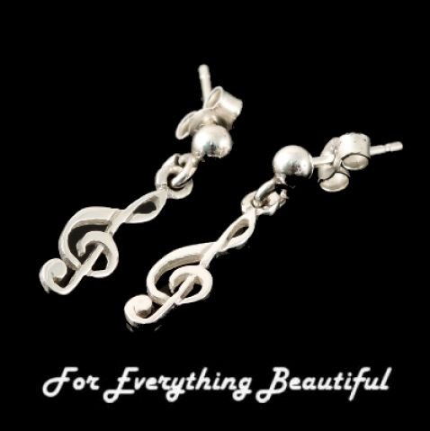 Image 0 of Treble Clef Design Musical Note Drop Small Sterling Silver Earrings
