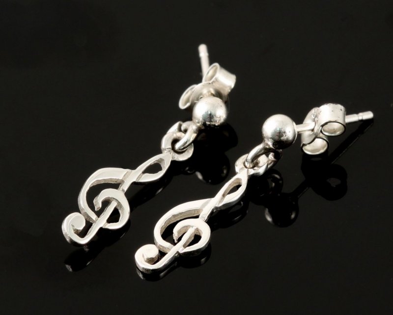 Image 2 of Treble Clef Design Musical Note Drop Small Sterling Silver Earrings