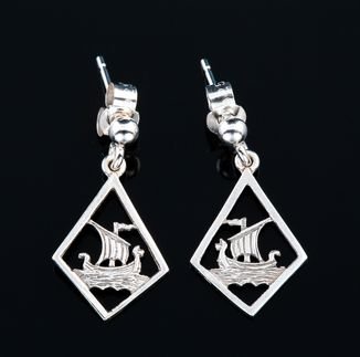 Image 2 of Viking Long Ship Diamond Design Small Drop Sterling Silver Earrings 