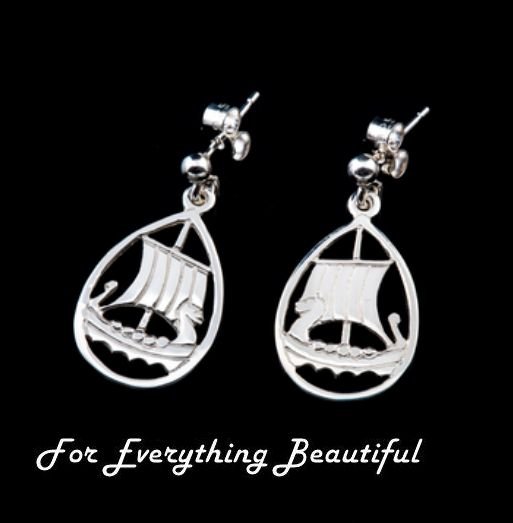 Image 0 of Viking Long Ship Oval Design Drop Sterling Silver Earrings