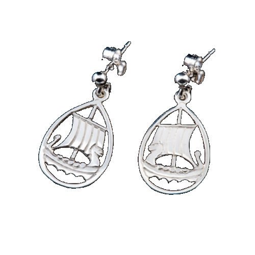 Image 1 of Viking Long Ship Oval Design Drop Sterling Silver Earrings