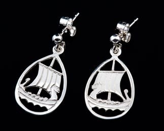 Image 2 of Viking Long Ship Oval Design Drop Sterling Silver Earrings