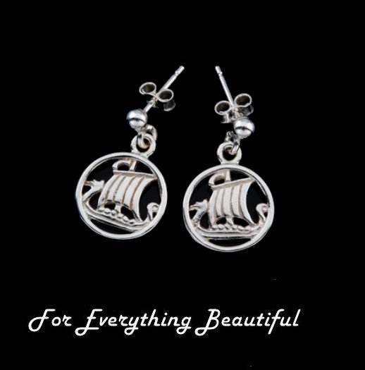 Image 0 of Viking Ship Design Norse Round Small Drop Sterling Silver Earrings 