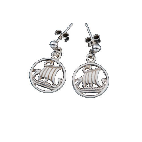 Image 1 of Viking Ship Design Norse Round Small Drop Sterling Silver Earrings 