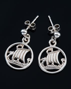 Image 2 of Viking Ship Design Norse Round Small Drop Sterling Silver Earrings 