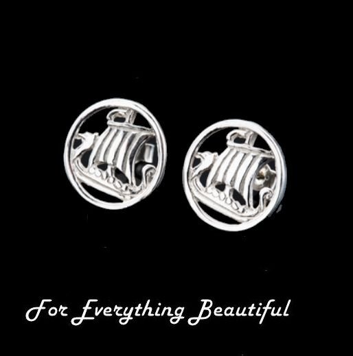 Image 0 of Viking Ship Design Norse Round Small Stud Sterling Silver Earrings 