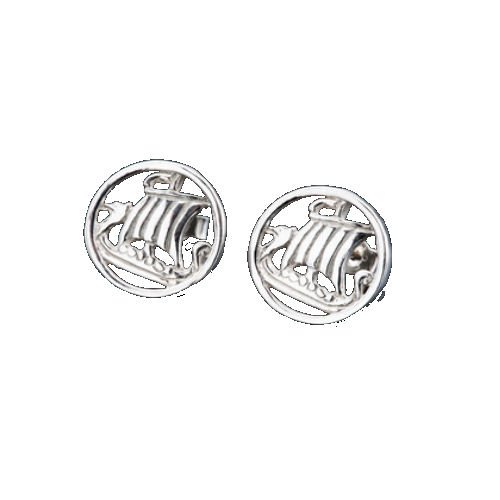 Image 1 of Viking Ship Design Norse Round Small Stud Sterling Silver Earrings 