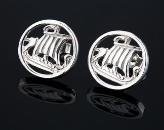 Image 2 of Viking Ship Design Norse Round Small Stud Sterling Silver Earrings 