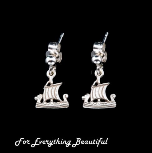 Image 0 of Viking Ship Design Small Drop Sterling Silver Earrings 