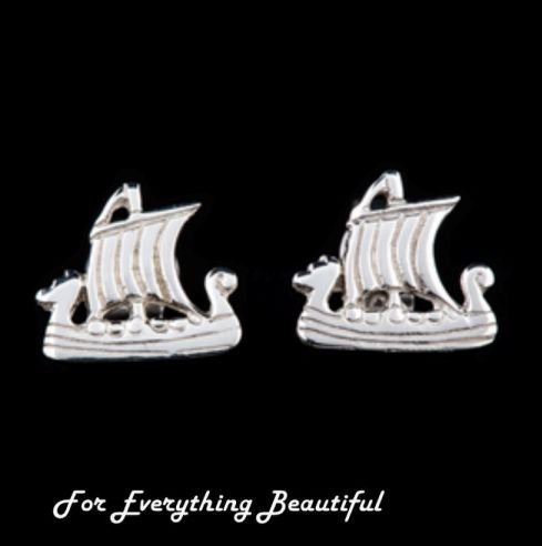Image 0 of Viking Ship Design Norse Small Sterling Silver Stud Earrings 