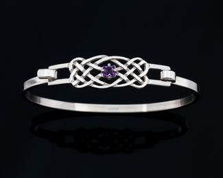 Image 2 of Celtic Knotwork Interlace Purple Amethyst Design Sterling Silver Bangle