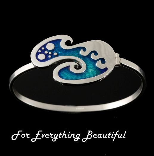 Image 0 of Seascape Wavy Motif Enamel Sterling Silver Bangle