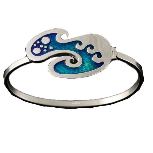 Image 1 of Seascape Wavy Motif Enamel Sterling Silver Bangle