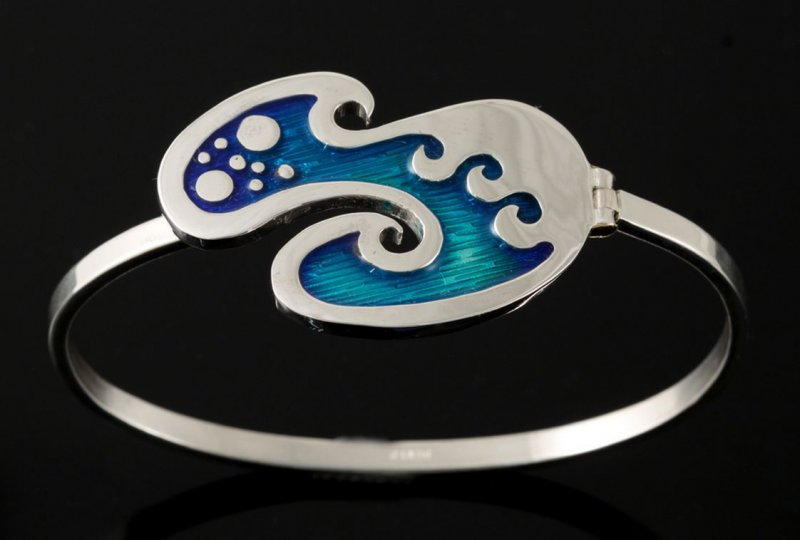 Image 2 of Seascape Wavy Motif Enamel Sterling Silver Bangle