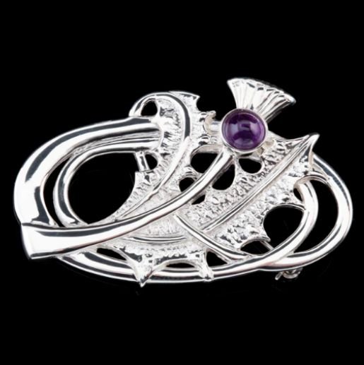 Image 0 of Scotland Thistle Amethyst Design Floral Emblem Sterling Silver Brooch