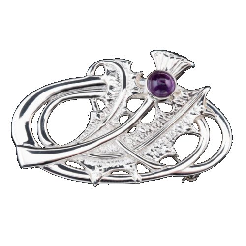 Image 1 of Scotland Thistle Amethyst Design Floral Emblem Sterling Silver Brooch