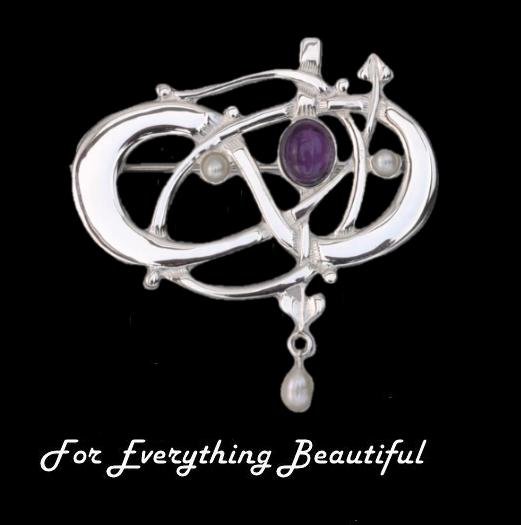 Image 0 of Art Nouveau Amethyst Pearl Sterling Silver Brooch