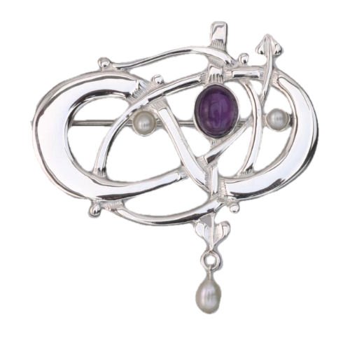 Image 1 of Art Nouveau Amethyst Pearl Sterling Silver Brooch