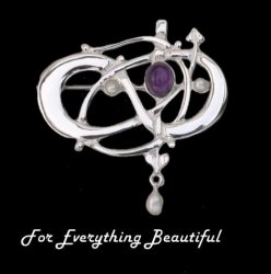 Art Nouveau Amethyst Pearl Sterling Silver Brooch