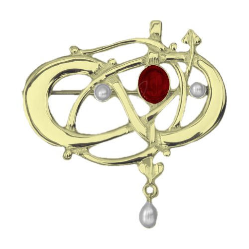 Image 1 of Art Nouveau Garnet Pearl 9K Yellow Gold Brooch