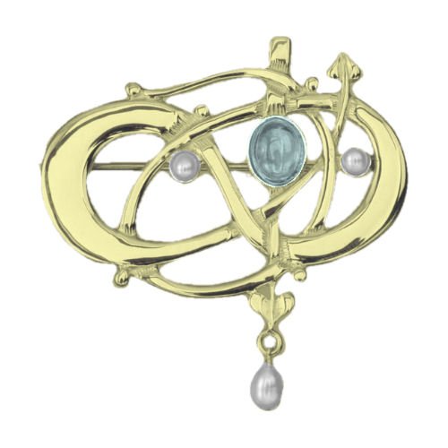 Image 1 of Art Nouveau Blue Moonstone Pearl 9K Yellow Gold Brooch