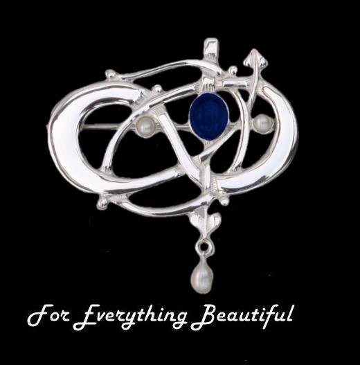 Image 0 of Art Nouveau Lapis Lazuli Pearl Sterling Silver Brooch