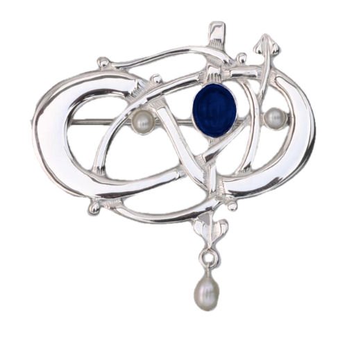 Image 1 of Art Nouveau Lapis Lazuli Pearl Sterling Silver Brooch