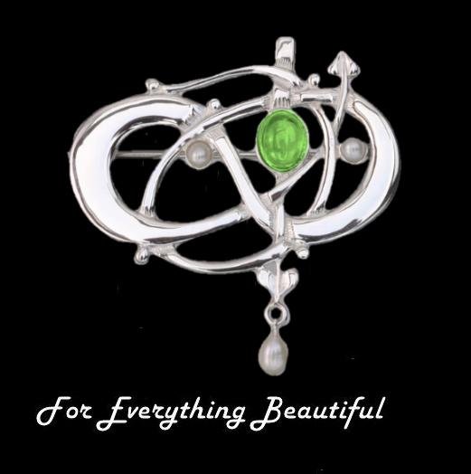 Image 0 of Art Nouveau Green Peridot Pearl Sterling Silver Brooch