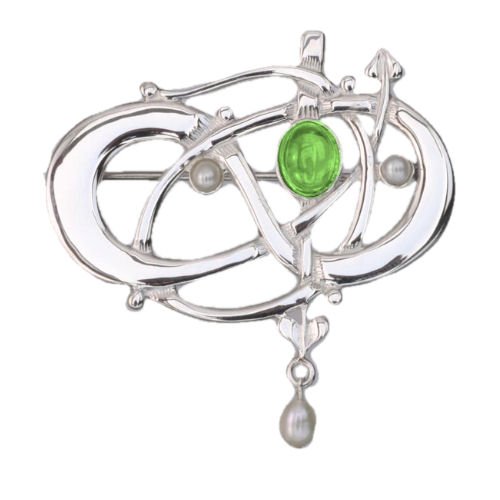 Image 1 of Art Nouveau Green Peridot Pearl Sterling Silver Brooch
