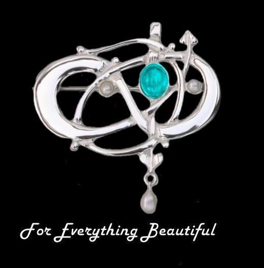Image 0 of Art Nouveau Turquoise Pearl Sterling Silver Brooch