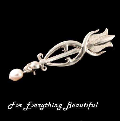 Image 0 of Art Nouveau Tulip with Pearl Design Sterling Silver Brooch