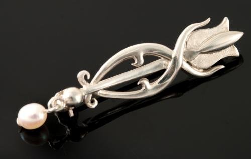 Image 1 of Art Nouveau Tulip with Pearl Design Sterling Silver Brooch