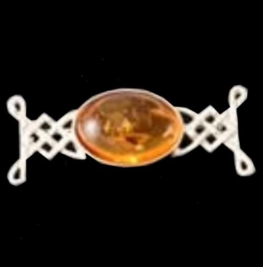 Image 0 of Celtic Knotwork Amber Oval Design Sterling Silver Brooch