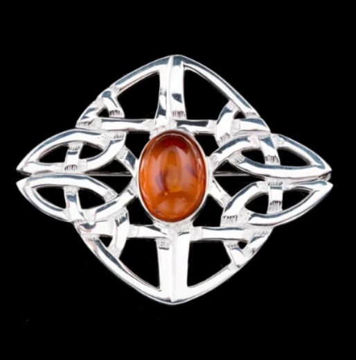 Image 0 of Celtic Knot Amber Diamond Design Sterling Silver Brooch