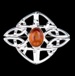 Celtic Knot Amber Diamond Design Sterling Silver Brooch
