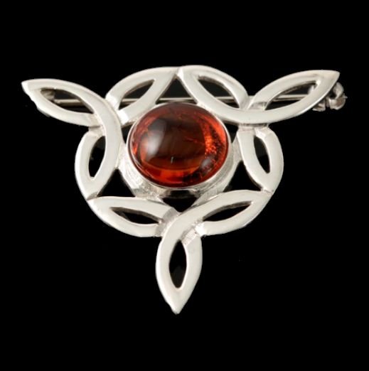 Image 0 of Celtic Knot Amber Flower Triangular Sterling Silver Brooch