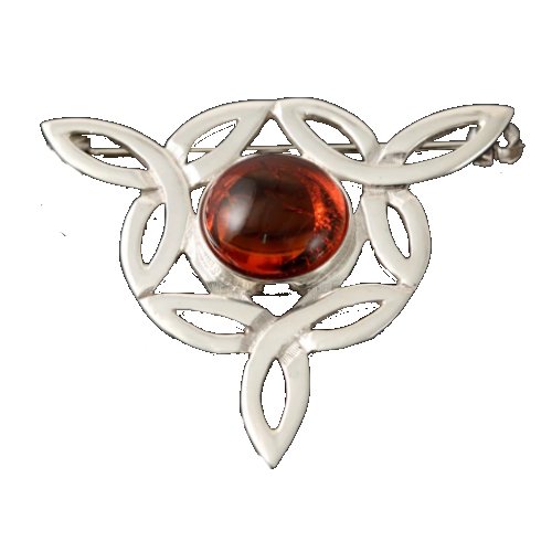 Image 1 of Celtic Knot Amber Flower Triangular Sterling Silver Brooch