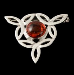 Celtic Knot Amber Flower Triangular Sterling Silver Brooch