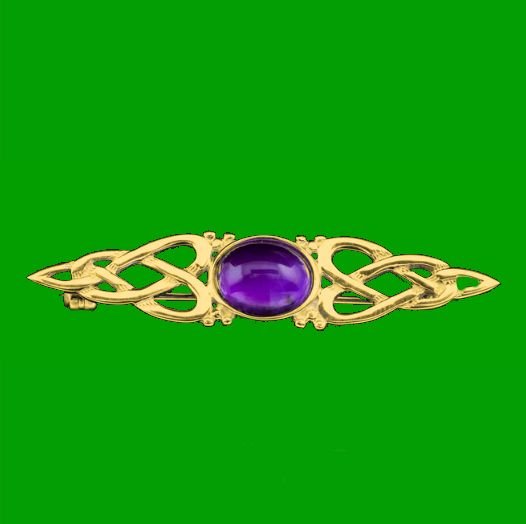 Image 0 of Celtic Knot Purple Amethyst Bar Twist Design 9K Yellow Gold Brooch