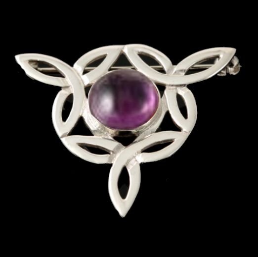 Image 0 of Celtic Knot Purple Amethyst Flower Triangular Sterling Silver Brooch