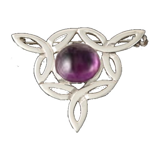 Image 1 of Celtic Knot Purple Amethyst Flower Triangular Sterling Silver Brooch