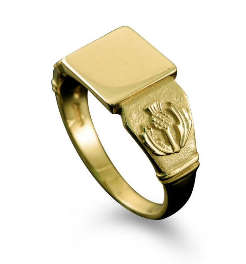 Image 1 of Scotland Thistle Emblem Large Signet Mens 18K Yellow Gold Ring Size R-Z