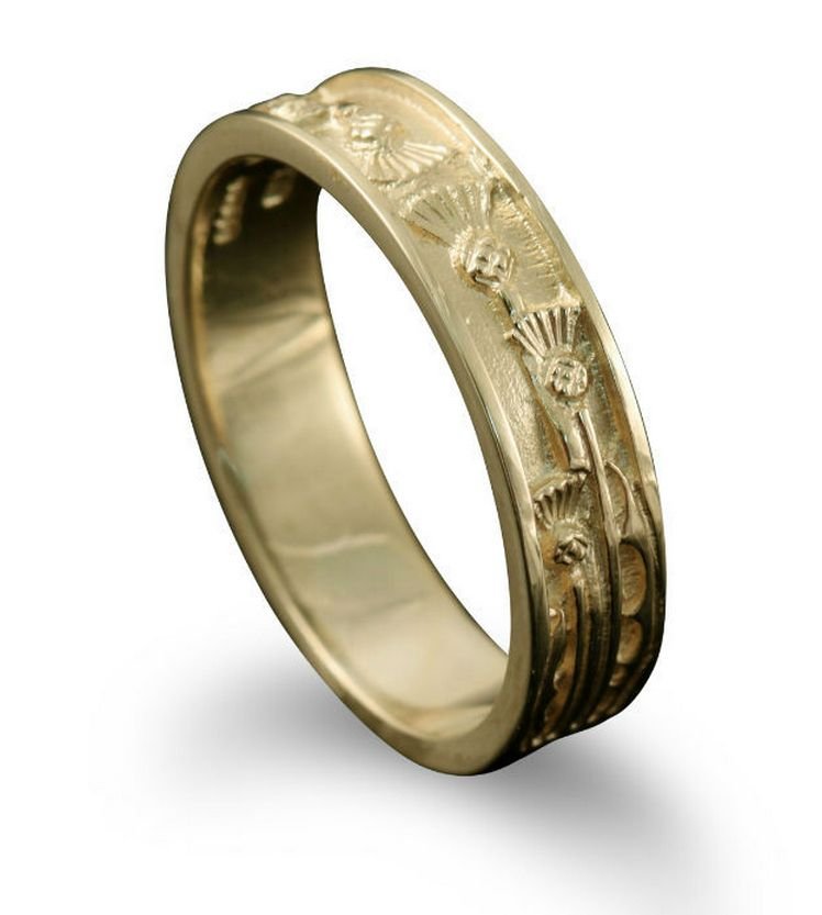 Image 1 of Scotland Thistle Narrow Mens Wedding 18K Yellow Gold Ring Band Sizes A-Q