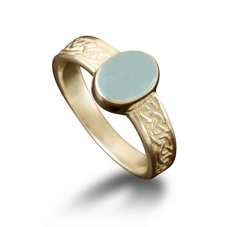 Image 1 of Uyea Celtic Knot Oval Aquamarine Ladies 18K Yellow Gold Band Ring Sizes R-Z