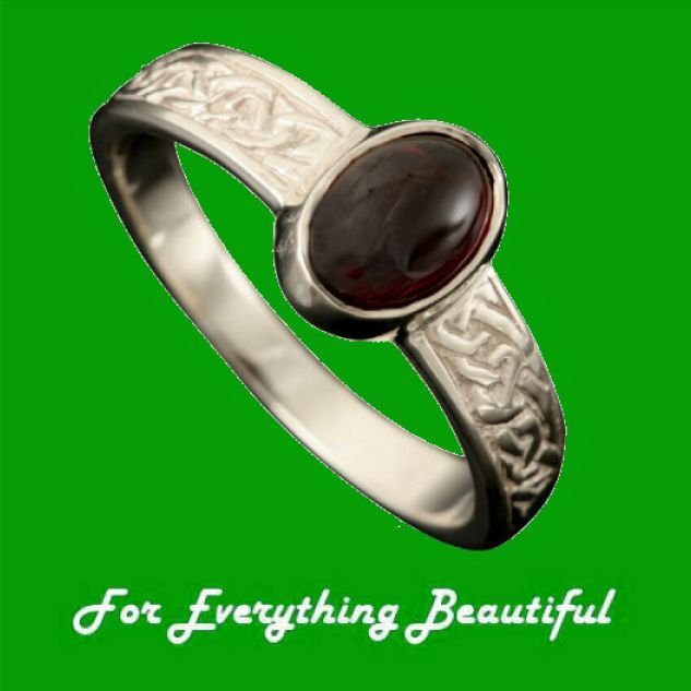 Image 0 of Uyea Celtic Knot Oval Garnet Ladies 9K White Gold Band Ring Sizes A-Q