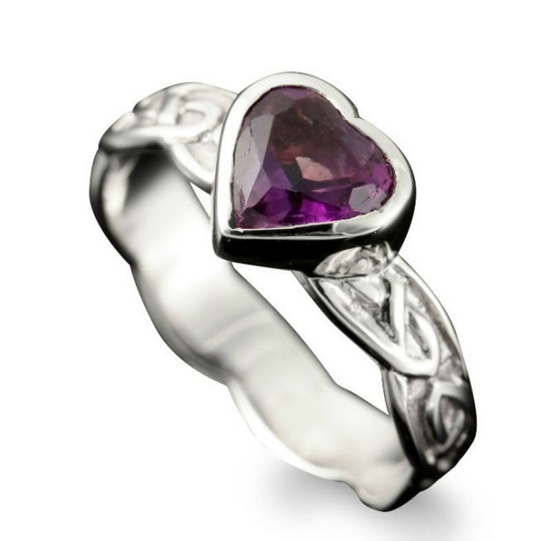 Image 1 of Samphrey Celtic Knot Heart Amethyst Ladies Sterling Silver Band Ring Sizes A-Q