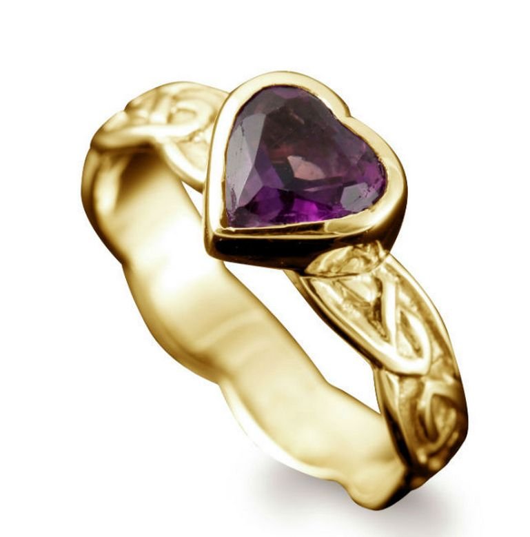 Image 1 of Samphrey Celtic Knot Heart Amethyst Ladies 9K Yellow Gold Band Ring Sizes R-Z