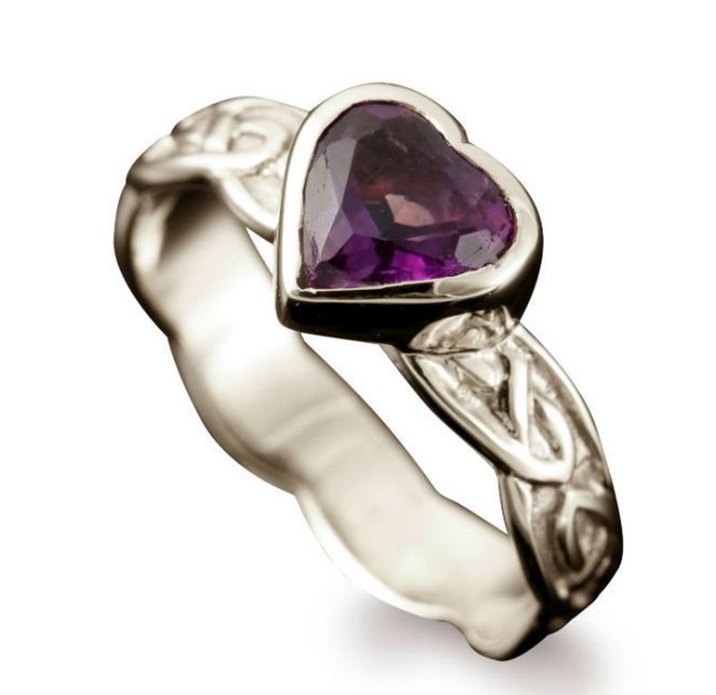 Image 1 of Samphrey Celtic Knot Heart Amethyst Ladies 9K White Gold Band Ring Sizes A-Q 