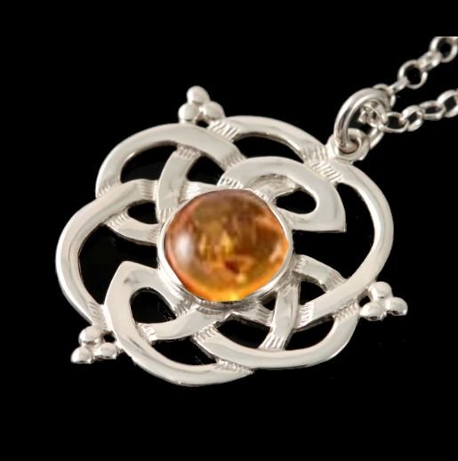 Image 0 of Celtic Knot Amber Floral Puff Motif Sterling Silver Pendant